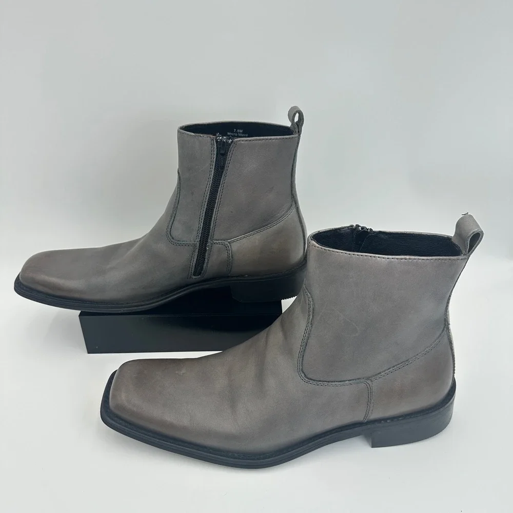 Kenneth Cole New York Micro Wave Gray Leather Side Zip Ankle Boots Mens 7.5M